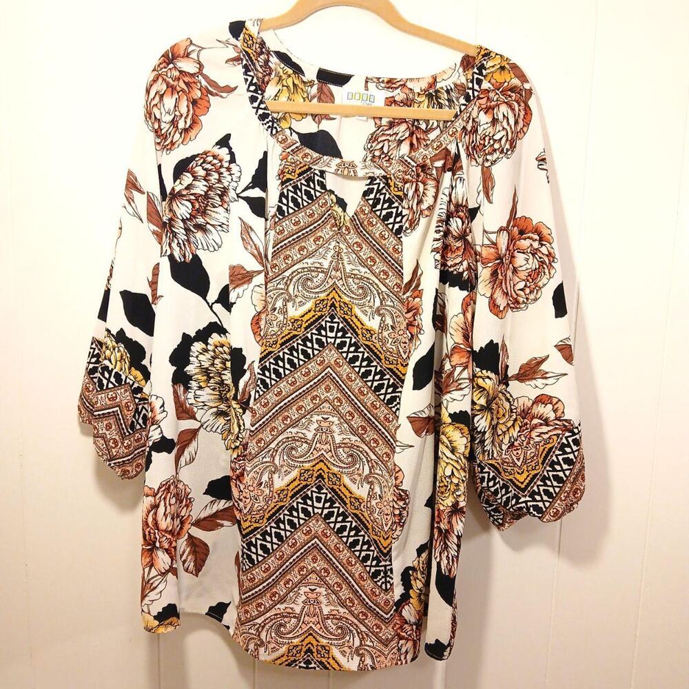 Women's 3/4 Sleeve 2X Plus Floral Boho Floral Geo Print Blouse